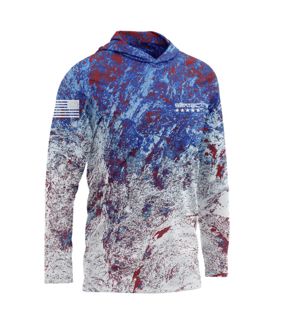 Patriotic-themed hoodie with abstract red, blue design.